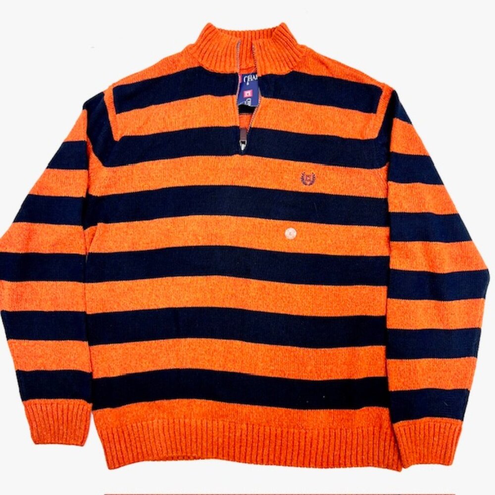 New- Chaps Men Black/Orange Striped Sweater Size L 1/4 Zip Pull Over Made In USA
